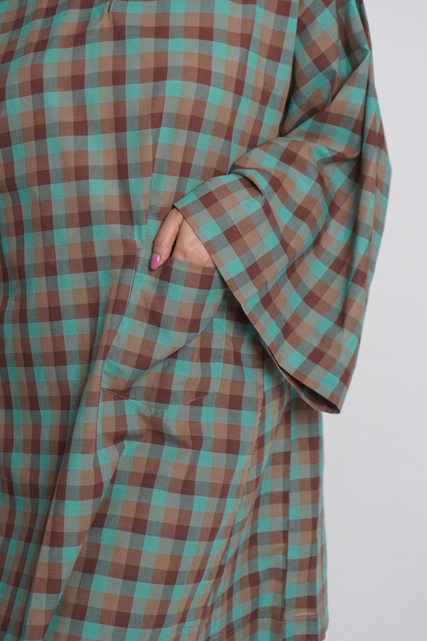 Baju Kurung Datar Biru Kotak Set