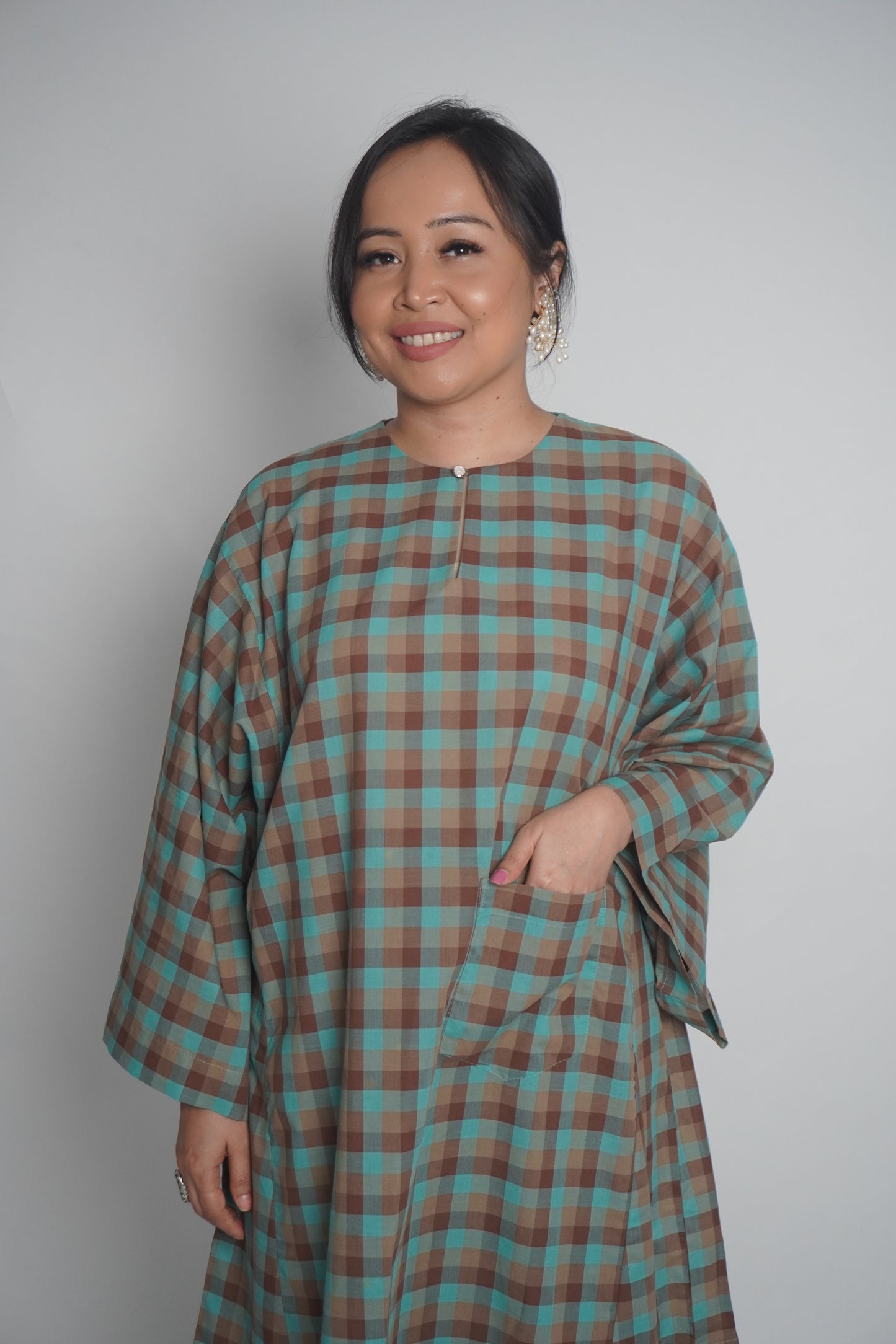 Baju Kurung Datar Biru Kotak Set