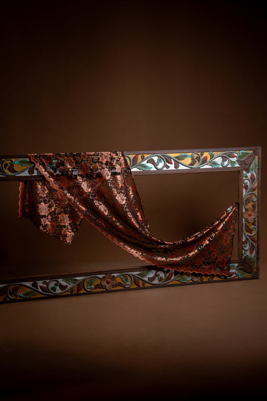 Selendang Rindu Lace Hitam Oren Gelap